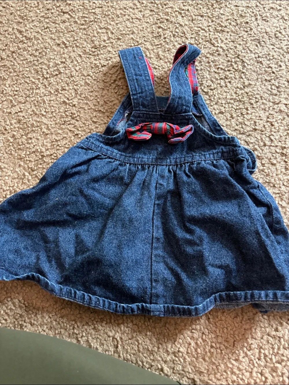 B8 VINTAGE OshKosh Denim Pinafore Dress with Red Plaid Straps and Bow, 24 months
